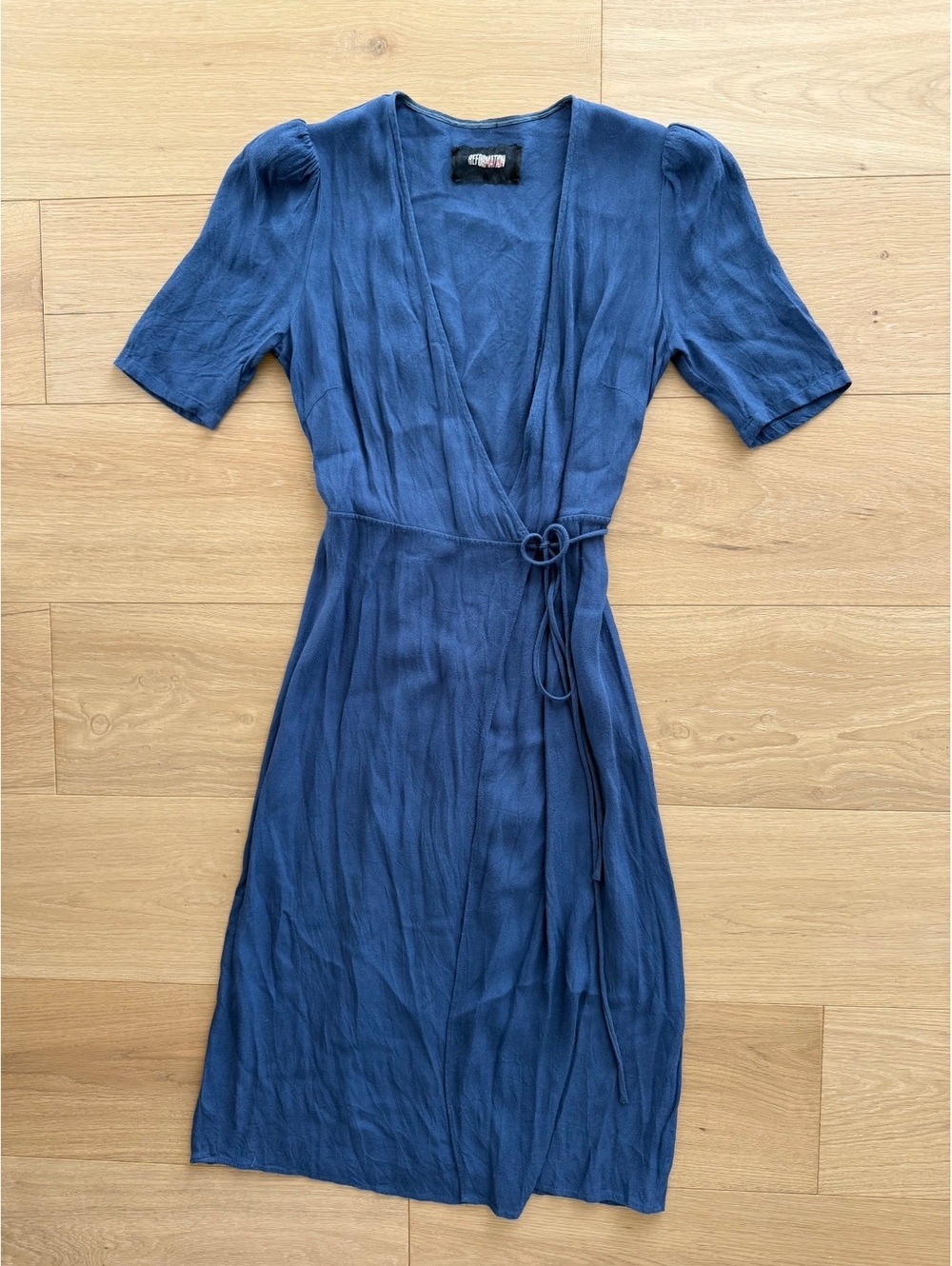Reformation Blue Tie Front Midi Dress Puff Sleeve Size S
